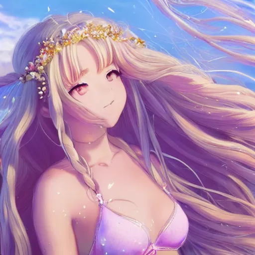 Prompt: a very beautiful anime princess, pastel colors, full body, long braided curly blonde hair, twisted braids, golden watery eyes, full round face, short smile, pale pink bikini, serene beach setting, cinematic lightning, medium shot, mid-shot, highly detailed, trending on artstation, Unreal Engine 4k, cinematic wallpaper by Stanley Artgerm Lau, WLOP, Rossdraws, James Jean, Andrei Riabovitchev, Marc Simonetti, and Sakimichan