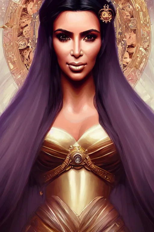 Image similar to Kim Kardashian as a princess, fantasy, intricate, elegant, highly detailed, digital painting, artstation, concept art, matte, sharp focus, illustration, art by Artgerm and Greg Rutkowski and Alphonse Mucha