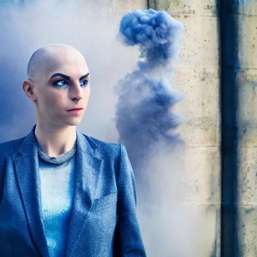 Prompt: hyperdetailed photo of a serious woman with light blue eyes and open mouth, shaved head, in a cybercity, in front of smoke behind, wearing tight shirt, old wool suit, inside berghain, classic, photo 3 5 mm leica, hyperdetail, 8 k, very detailed, fine face