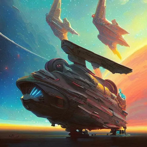 Image similar to beautiful starship in no man's sky colorful, fantasy, intricate, highly detailed, digital painting, hq, trending on artstation, illustration, style of stanley artgerm and greg rutkowski and dan mumford