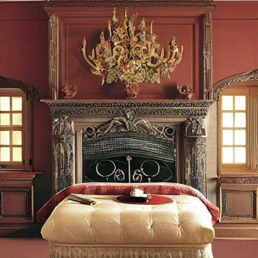 Prompt: award-winning awesome catalog photo plaster headboard in the shape of an ornate fireplace mantel master bedroom