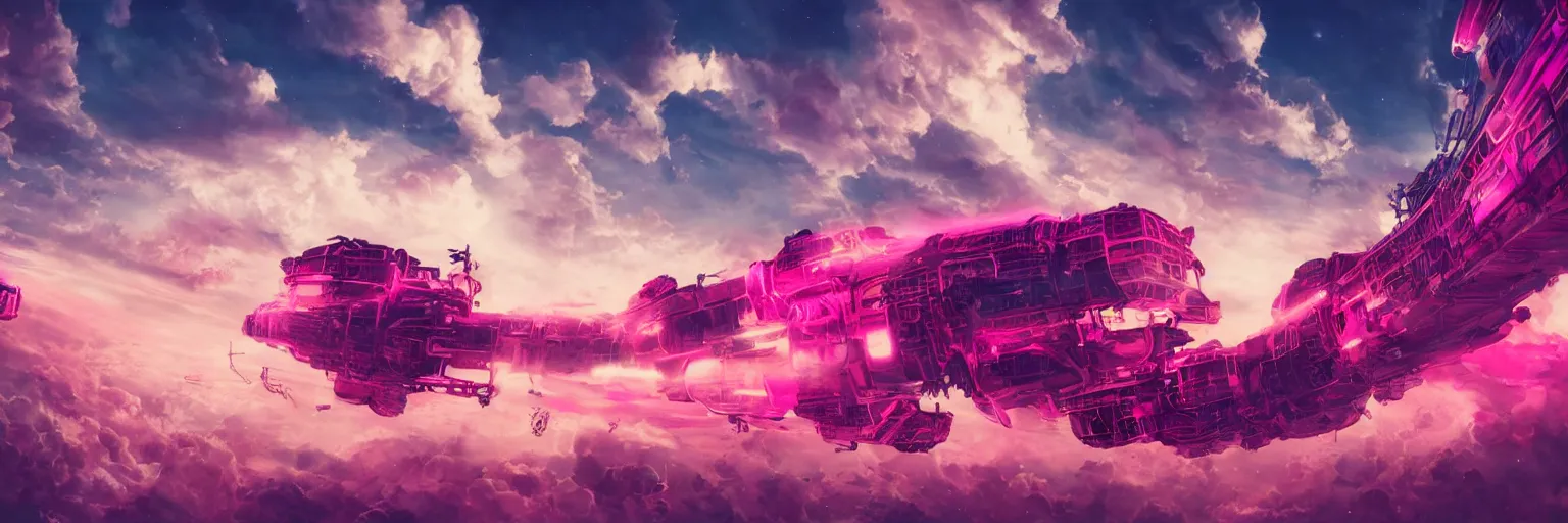 Prompt: big train in space, pink pirate dog, dog, run, pirate neon ship with punks on board, mohawks, neon, oil painting, rich deep colors masterpiece, ultra detailed, contrast, heaven pink, lots of roman arches, clouds, sky, volumetric light, atmospheric lighting, dramatic, cinematic, moody, octane render 4 k, 8 k