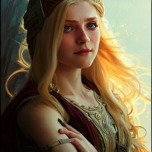 Prompt: an epic fantasy comic book style portrait painting of a young blonde girl thief, d & d, fantasy, joyful smirk, intricate, elegant, digital painting, face enhance, artstation, concept art, matte, sharp focus, illustration, art by artgerm and greg rutkowski and alphonse mucha