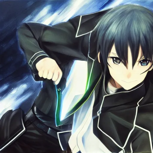 Image similar to kirito, sword art online character, fighting scene, realist painting