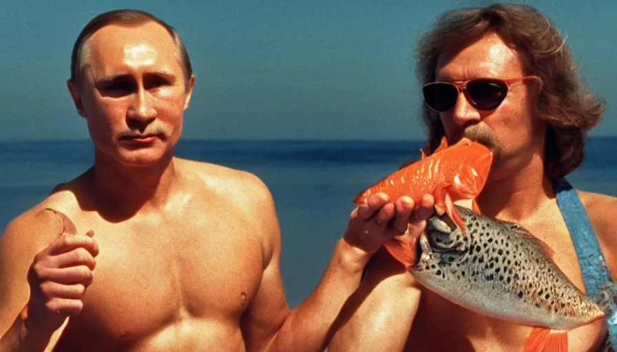 Image similar to 7 0 s movie still of putin in speedo, proudly holding a salmon, focus on eyes. cinestill 8 0 0 t _ 3 5 mm eastmancolor, heavy grain, high quality, high detail