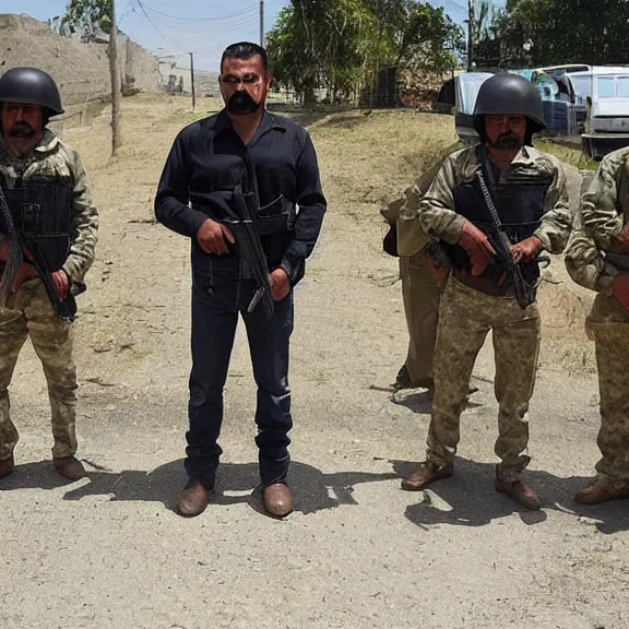 Prompt: the fearsome og shadow, mexican cartel leader, standing in front of his heavily armed men guarding him, award - winning photography