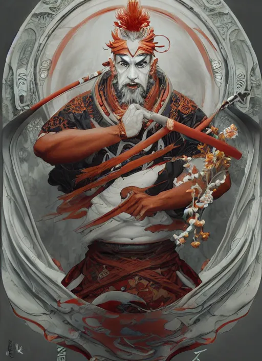 Image similar to subsurface scattering, white, koi, samurai deity with koi armor, art nouveau swirls, epic lighting, octane render, by jesper ejsing, james jean, justin gerard, tomasz alen kopera, cgsociety and fenghua zhong, highly detailed, rim light, art, very coherent, cinematic, hyper realism, high detail, 8 k