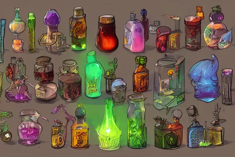 Prompt: a small rack filled with five colorful glowing concoctions, magical potions, fantasy artwork, featured on artstation