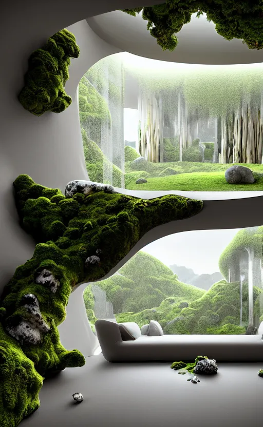 Image similar to highly detailed villa natural beautiful light interior soft cinematic composition of a smooth ceramic porcelain biomorphic magnolia stone nebula fluid sci - fi surreal architecture landscape, furniture, granite, trees, marble, moss, lichen, fungi, vincent callebaut composition, mamou - mani, archviz, 8 k, unreal engine, hdr