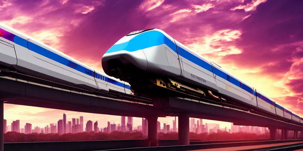 Prompt: a cyberpunk maglev train riding though futuristic station, futuristic cityscape in background, golden hour sunset, gorgeous lighting and metallic reflection, maroon and blue accents, 8k, large scale, high detail, side profile