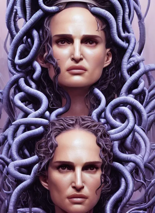 Prompt: Medusa, natalie Portman, detailed face, very detailed, dramatic lighting, electrical details, high details, 4k, 8k, trending on artstation, by Greg Rutkowski, Wayne Barlowe, Hajime Sorayama and Boris Vallejo