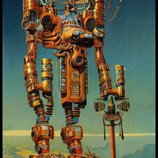 Image similar to elaborate mayan art deco mecha in mesa landscape by j. c. leyendecker, bosch, and beksinski