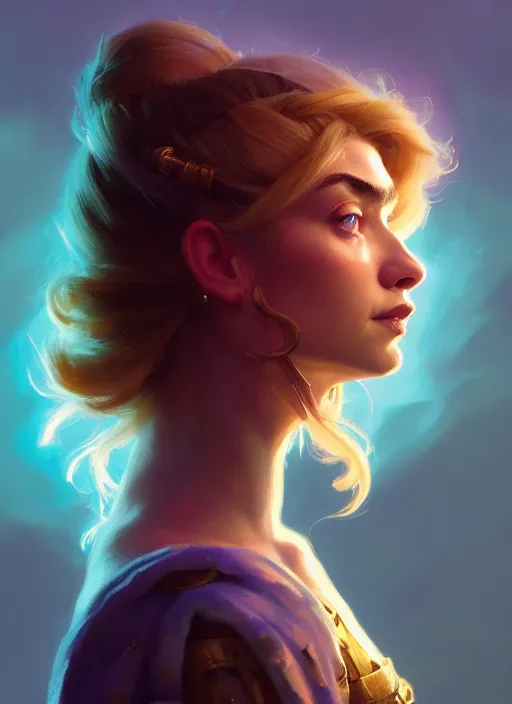 Image similar to side portrait, imogen poots, paladin!, fantasy, gloomhaven, luminescent, organic painting, gaudy colors, octane render, unreal engine, by greg manchess, huang guangjian, gil elvgren, sachin teng, greg rutkowski, jesper ejsing, ilya kuvshinov