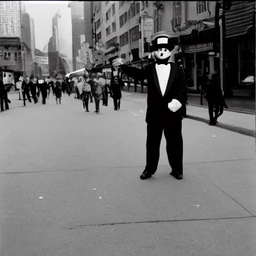 Prompt: mr monopoly 1930s street performer, 35mm film