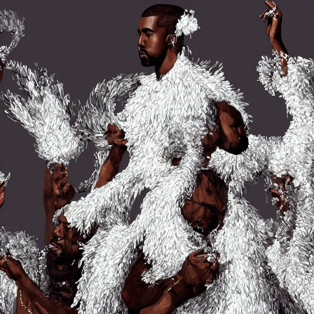 Image similar to kanye west with a decorated dress made of white pearls and white plumes of swan highly detailed digital _ painting