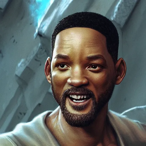 Image similar to portrait of will smith as jesus, au naturel, hyper detailed, digital art, trending in artstation, cinematic lighting, studio quality, smooth render, unreal engine 5 rendered, octane rendered, art style by klimt and nixeu and ian sprigger and wlop and krenz cushart.