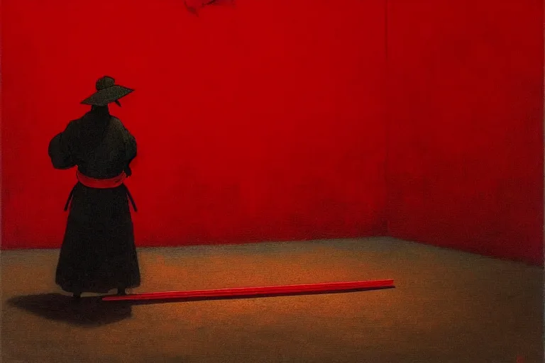 Image similar to only with red, a red samurai do seppuku, tokio, a lot of frogs watch, in the style of beksinski, parts by edward hopper, parts by rodcenko, parts by yue minjun, intricate and epic composition, red by caravaggio, insanely quality, highly detailed, masterpiece, red light, artstation, 4 k