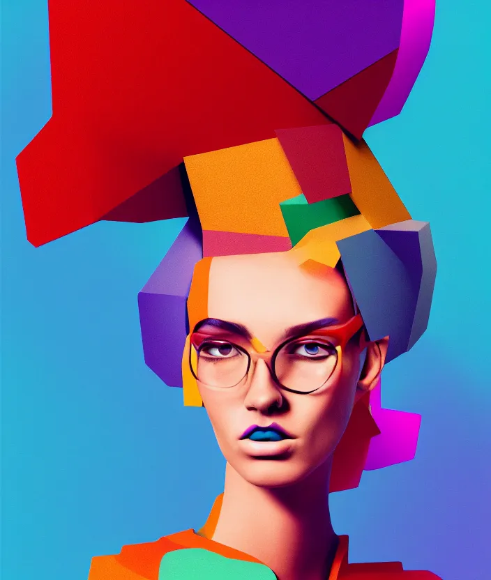 Prompt: portrait of a post modern fashion model with an exuberant cubist hair style, colorful, beautiful face, octane render, vray, detailed, wide angle, halftoned, editorial illustration, matte print, grainy light, ( ( dither ) ), risograph, high contrast, screen print, rich grainy texture
