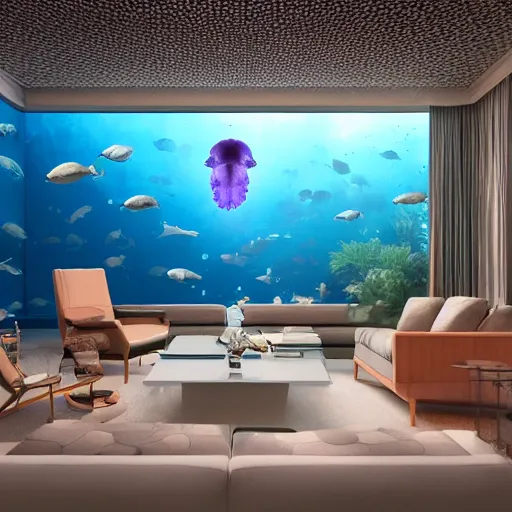 Image similar to the realistic photo of the modern room as aquarium with a chandelier as a big jellyfish, beautiful corals on the walls and sharks in the big panoramic window, a lot of gleans, under the ocean, realistic colors, realistic shadows, daylight made in blender, hd, 3 d by beeple and by greg rutkowski