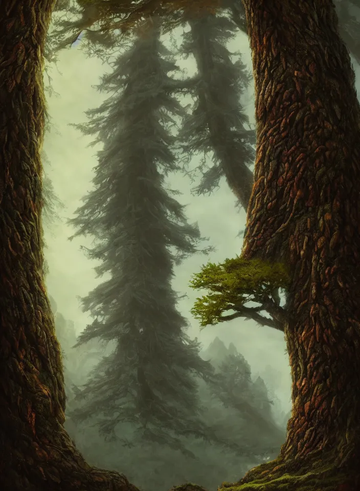 Image similar to a face portrait of the tree god guarding the temperate forests from skyrim, fantasy setting, serene environment, serene colors, soft lighting, atmospheric, cinematic, moody, in the style of diego koi, gina heyer, luiz escanuela, art by alyssa monk, hyperrealism, rule of thirds, golden ratio, oil on canvas, 8 k