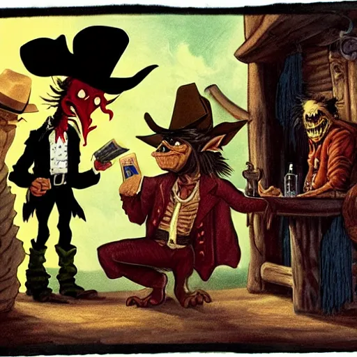 Prompt: a goblin with a large nose and a pirate with a bandana negotiating a contract with Micheal Morbius in a Western saloon. Realism