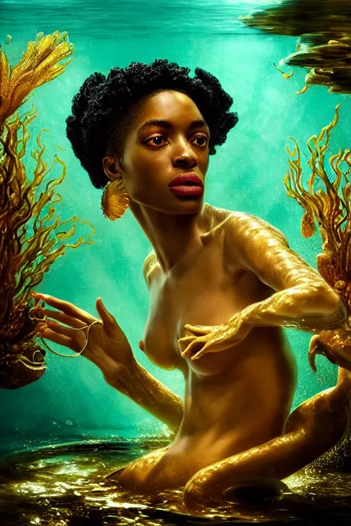 Image similar to hyperrealistic neo - rococo cinematic half underwater scene with fish and algae, very expressive! translucent elegant african goddess getting out of water, gold jewerly, highly detailed face, digital art masterpiece, aykut aydogdu zener, dramatic volumetric light, long shot, low angle uhd 8 k, sharp focus