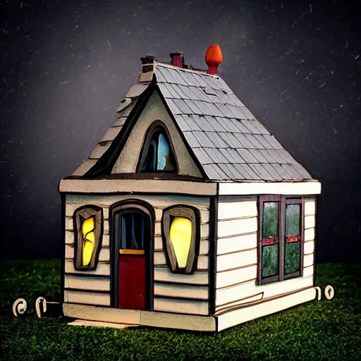 Prompt: strange tiny house by Tim Burton, (by Tim Burton) dark background, volumetric lighting