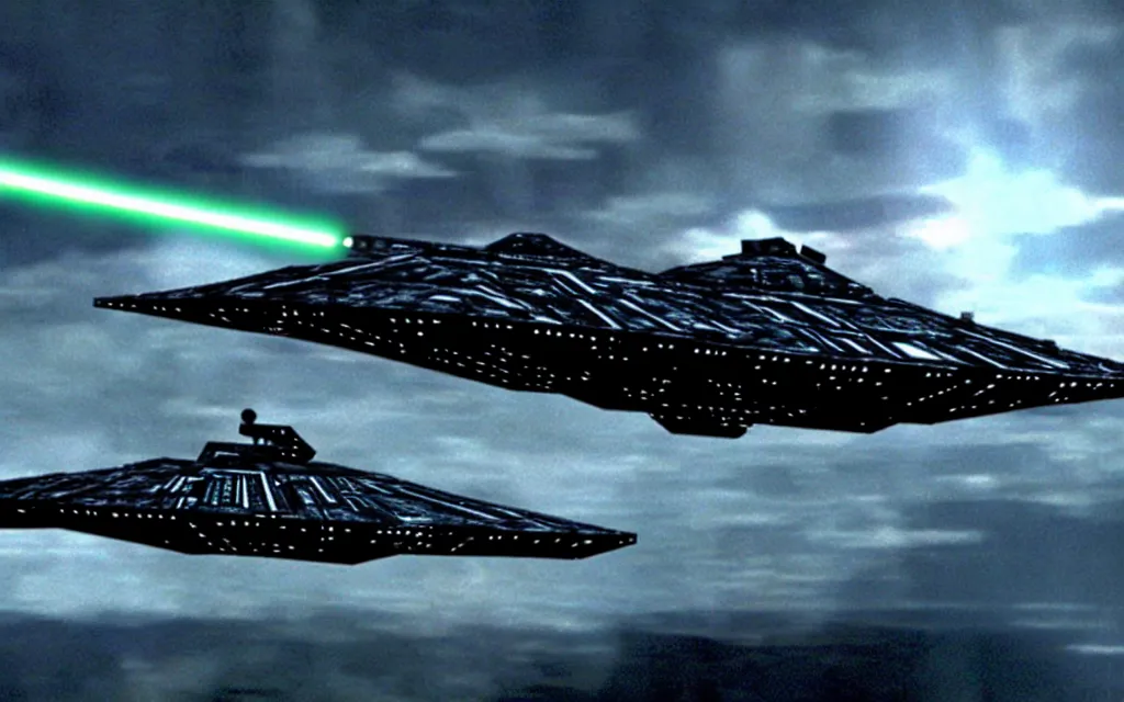 Image similar to star wars star destroyer from star wars landen in the twilight saga movie, darth vader anb bella dance together