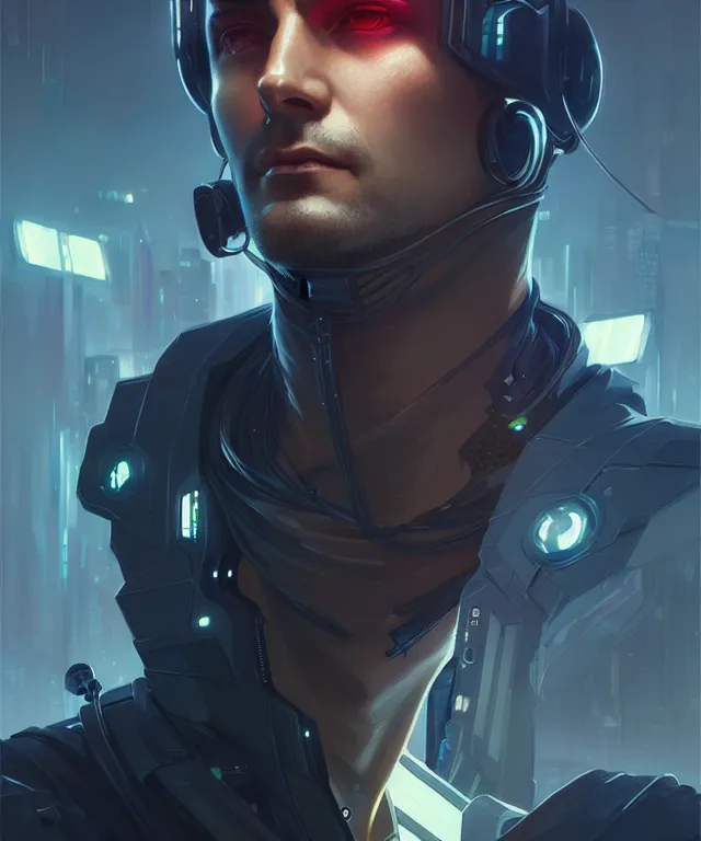 Image similar to cyberpunk hacker man portrait, sci - fi face, elegant, highly detailed, digital painting, artstation, concept art, smooth, sharp focus, illustration, art by artgerm and greg rutkowski and alphonse mucha