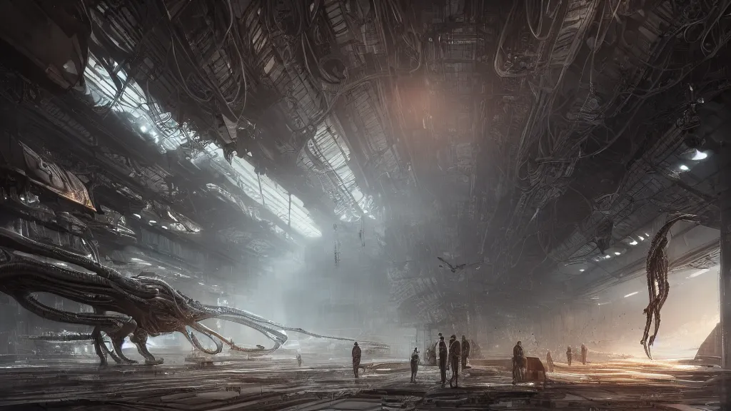 Image similar to a Photorealistic dramatic hyperrealistic,hyper detailed render by Greg Rutkowski,Craig Mullins of an Epic Sci-Fi, Gigantic Alien xenomorph spaceship inside huge interior hangar,intricate bio mechanical surface details,many tubes and cables hanging from the ceiling by,ILM,Beautiful dynamic dramatic moody lighting,Volumetric,Cinematic Atmosphere,Octane Render,Artstation,8k