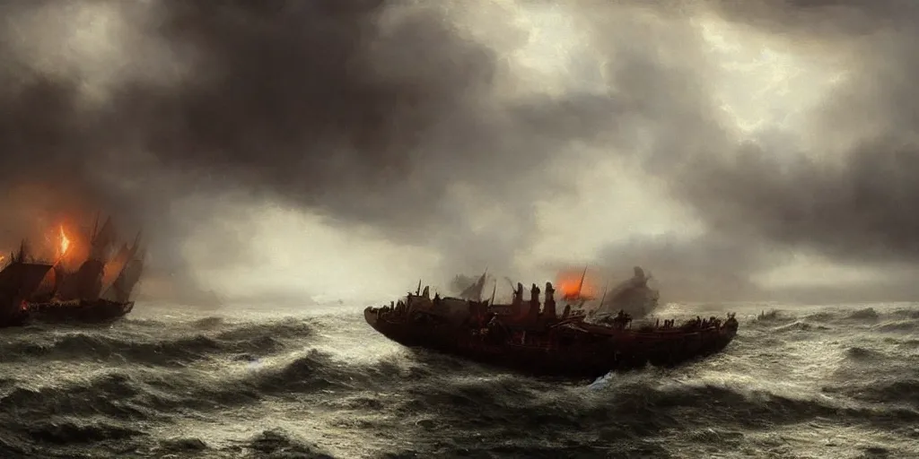 Image similar to Hyper realistic oil painting of a medieval fleet being sunk, stormy weather, dark clouds, fog, moody cinematic lighting, atmospheric, dark, by Greg Rutkowski, trending on artstation