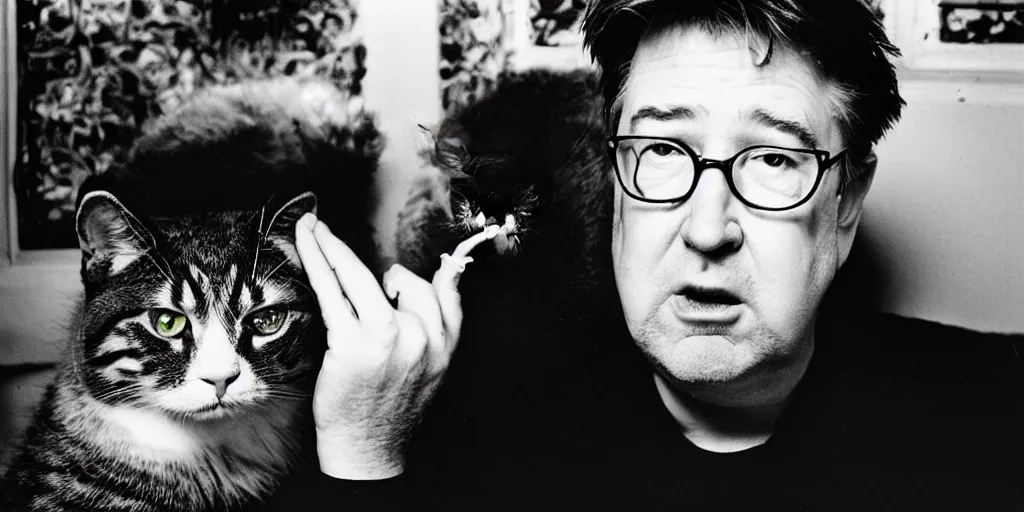 Prompt: award winning photo of BILL HICKS, david lynch, cute cat, smoking weed in new york, vivid colors, happy, symmetrical face, beautiful eyes, studio lighting, wide shot art by gregory crewdson, Sally Mann & Arnold Newman