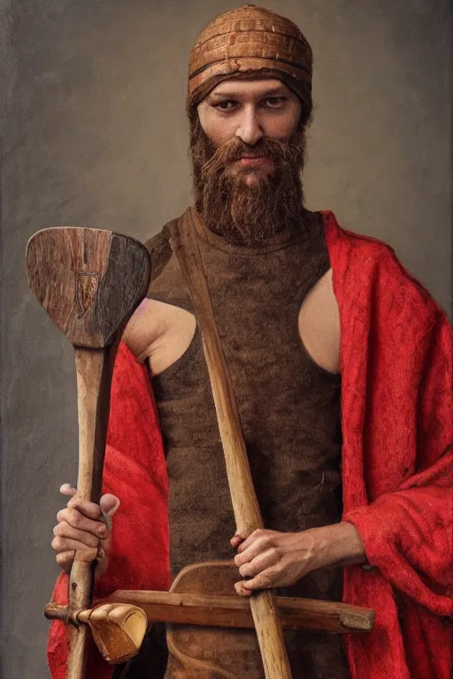 Prompt: Slavic dog head man holding an ax, woolen torso in medieval clothes, Orthodox Saint Christopher, oil painting, hyperrealism, beautiful, high resolution, trending on artstation,