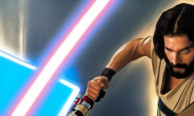 Image similar to full shot photograph of super jesus christ fighting in star wars, using a cross - shaped gold lightsaber, photorealistic, cinematic lighting, extremely detailed, star wars