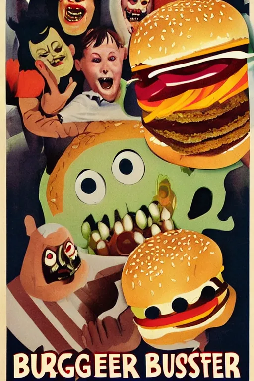 Image similar to burger monster, vintage kids horror movie poster