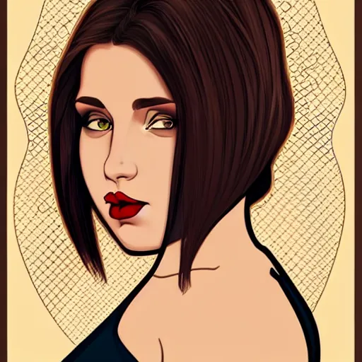 Prompt: curvy brunette woman with straight hair in a bob, romanian heritage, brown eyes, no bangs, digital art, cartoon, 8k, illustration, art nouveau, Alphonse Mucha, trending on artstation, medium shot, head shot