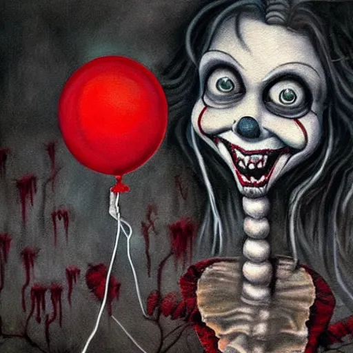 Prompt: grunge painting of the conjuring with a wide smile and a red balloon by chris leib, loony toons style, pennywise style, corpse bride style, horror theme, detailed, elegant, intricate