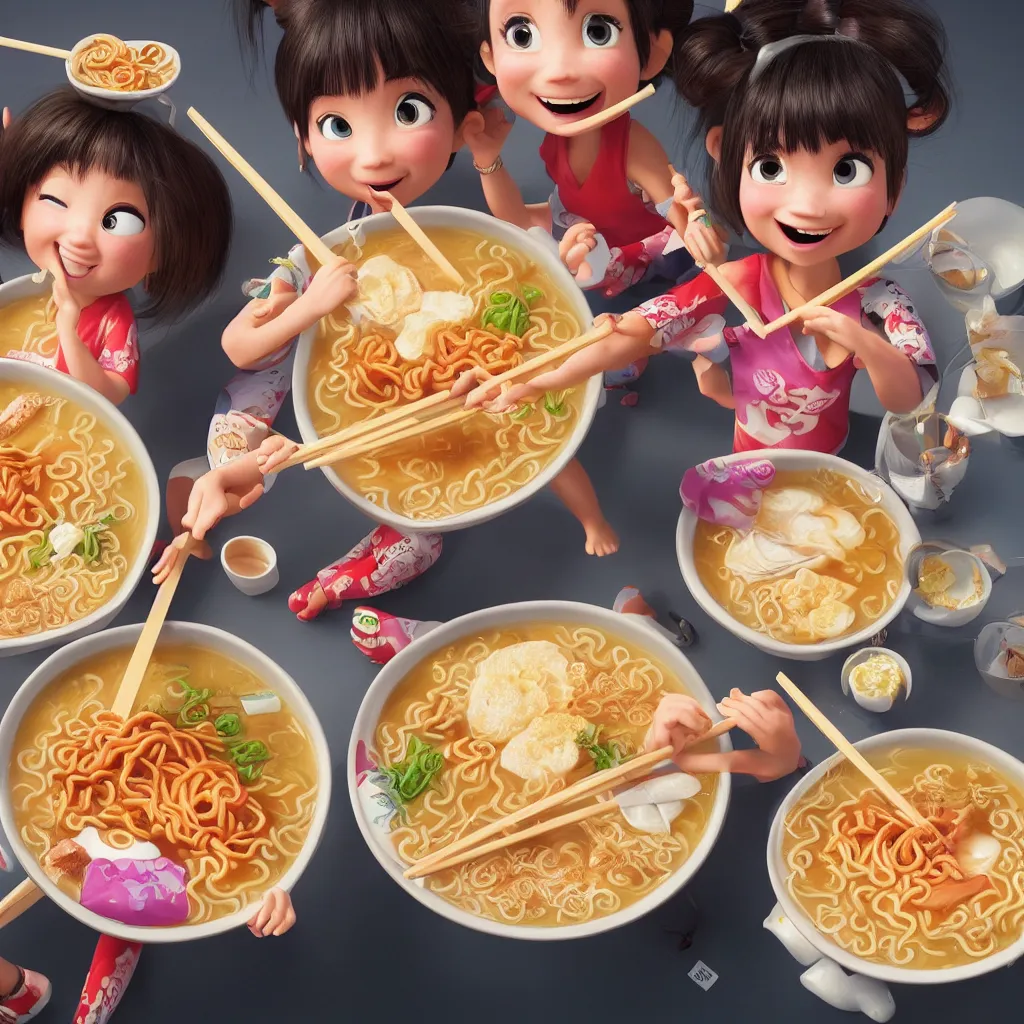 Image similar to Two happy beautiful girls holding chopsticks and eating a bowl of ramen, hyper realistic, insane detail, Pixar