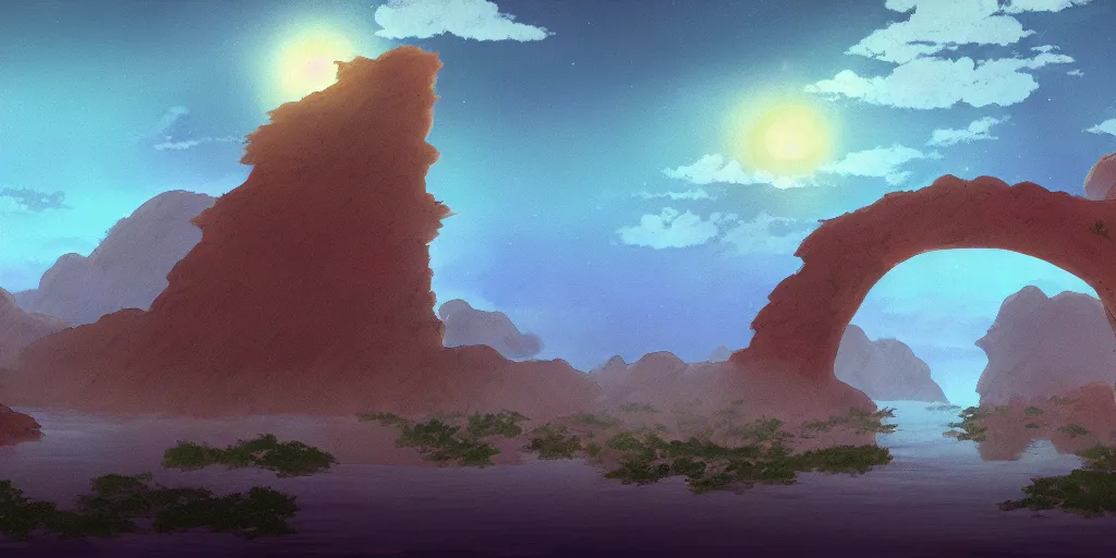 Prompt: a cell - shaded studio ghibli concept art study of an arizona rock arch time portal in the air over a flooded desert on a misty starry night. a waterfall is flowing out of the portal. very dull colors, hd, 4 k, hq