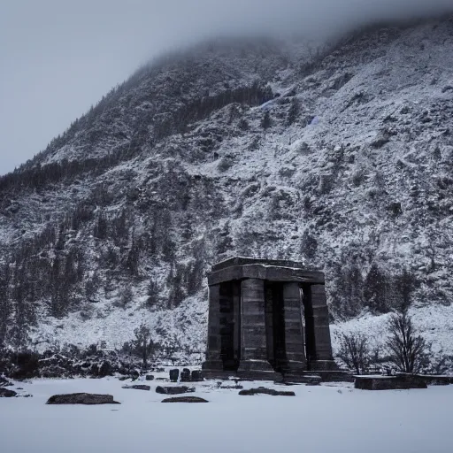 Image similar to a monolithic temple next to a snowcapped mountain. overcast sky, grainy, snowing.