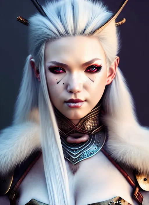 Image similar to barbarian, fur leather armor!!! beautiful and elegant white hair female!! gorgeous ayes!! character concept art, sharp focus, octane render! unreal engine 5! highly rendered!! trending on artstation!! detailed linework!! illustration by artgerm, wlop, and chie yoshii