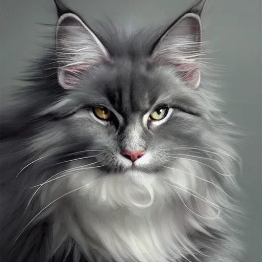 Image similar to a big old menacing dark grey maine coon cat with white belly, white paws and white face markings with long fur and fluffy tail, sitting, intricate, elegant, highly detailed, digital painting, artstation, concept art, matte, sharp focus, illustration, art by Artgerm and Greg Rutkowski and Alphonse Mucha