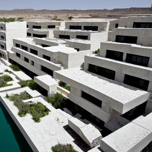 Image similar to habitat 6 7, white lego architect hotel in the dessert, many plants and infinite pool