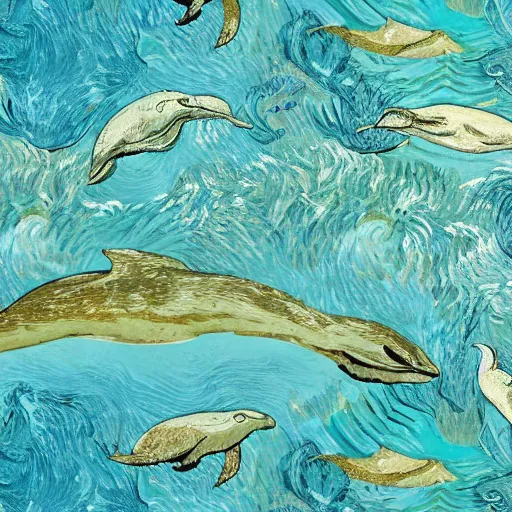 Prompt: tropical islands in turquoise clear ocean filled with dolphins and seaturtles from above vincent van gogh