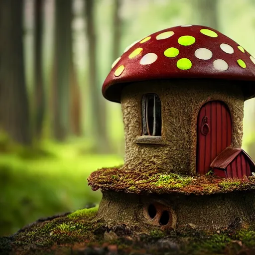 Prompt: A cute mushroom house with chimney, windows, growing on the enchanted forest floor. medium shot, might cinematic lighting, sharp, high detail, nature photography