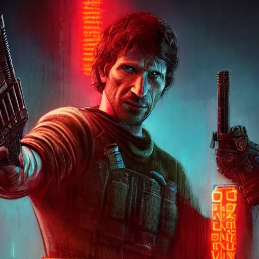 Image similar to todd howard with a pistol, forcing you to buy skyrim, threatening, sharp, cinematic, colorful, digital art, neon, bright, cyberpunk, blade runner 2 0 4 9, realism, bold