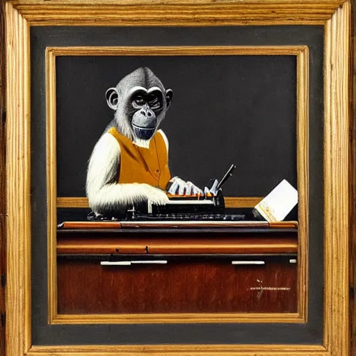 Prompt: a finely detailed painting of chimpanzee typing at a typewriter - there is a bottle of bourbon on the desk and a smouldering cigarette in the ashtray. In the style of norman rockwell