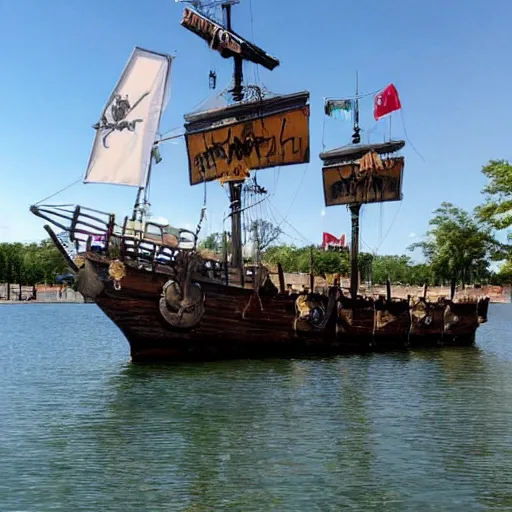 Image similar to a pirate ship, parked in a lake at a mall