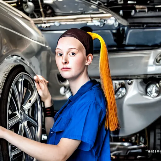 Image similar to the real life version of the girl with a pearl earring living her life as a mechanic in a small town, still from a local magazine, high quality photography,