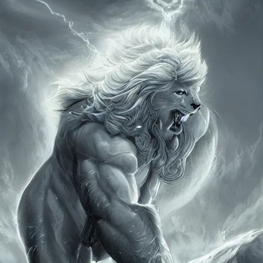 Image similar to aesthetic portrait commission of a albino muscular and attractive anthro lion with mane turning into cosmic smoke while wearing an attractive THOR god of thunder outfit floating inside a floating greek palace in the clouds, fantasy art, hyperdetailed. Character design by charlie bowater, ross tran, artgerm, and makoto shinkai, detailed, inked, western comic book art, 2021 award winning painting